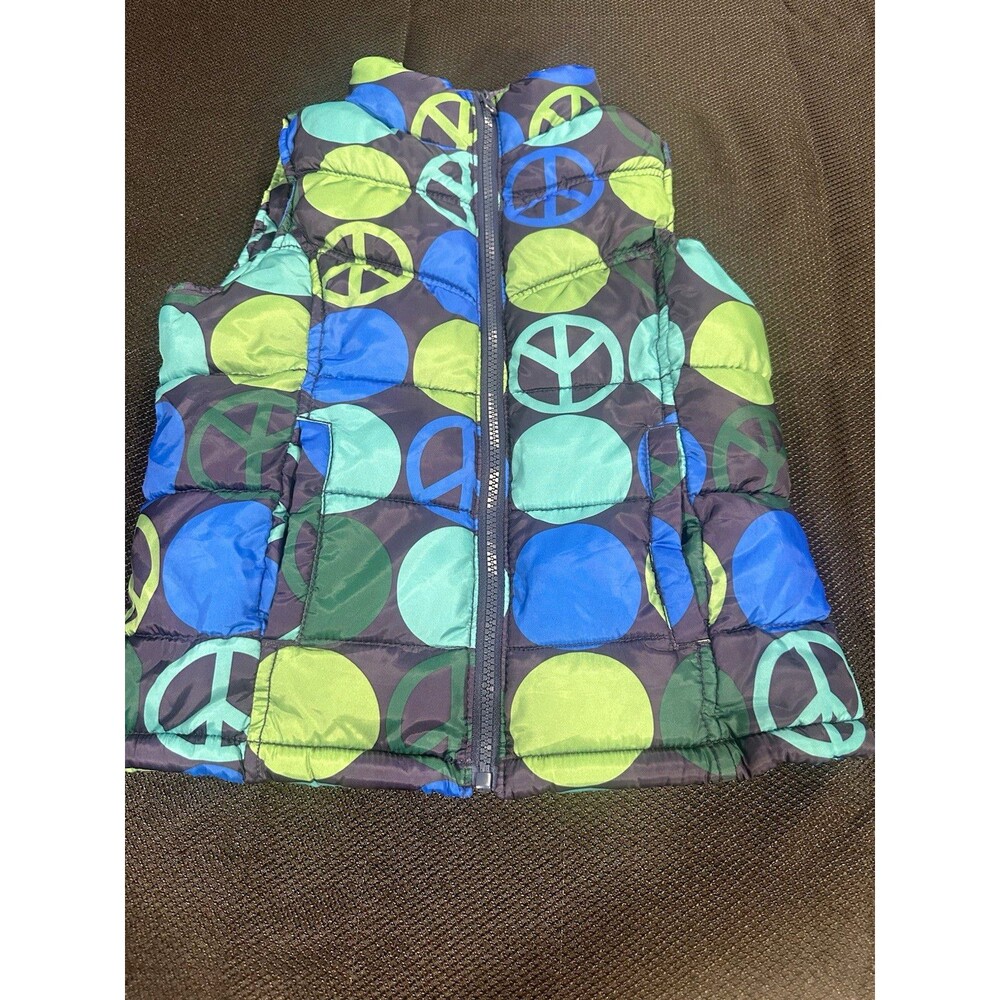 Old Navy Girls M Multicolor Peace Sign Puffer Vest Zip Front Pockets